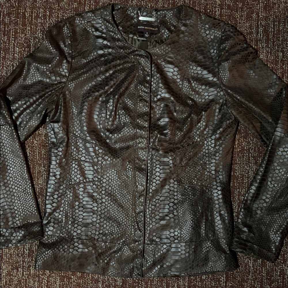 Dana buchman blazer small faux leather snakeskin brown animal print moto style - Picture 2 of 13
